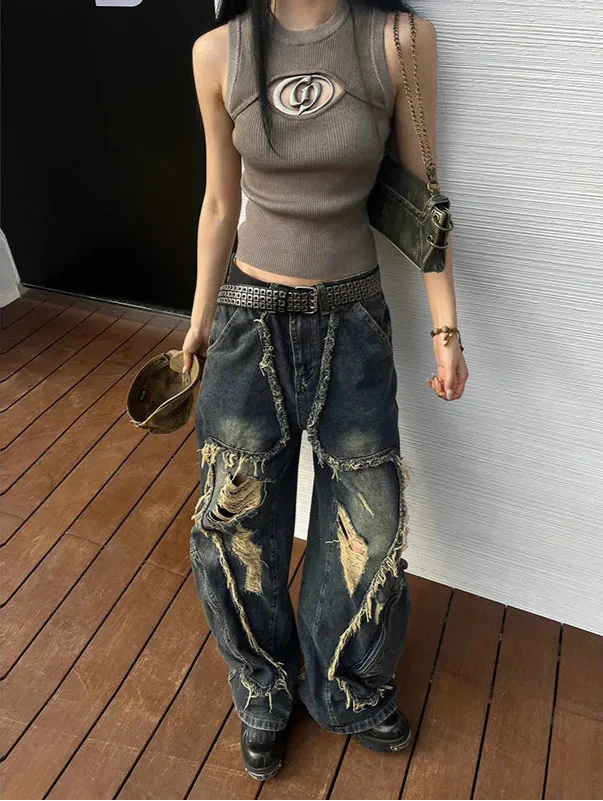 Y2K Damen Vintage Blaue Gothic Cargo Jeans