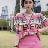 Pink French Retro Plaid V-Neck Cardigan