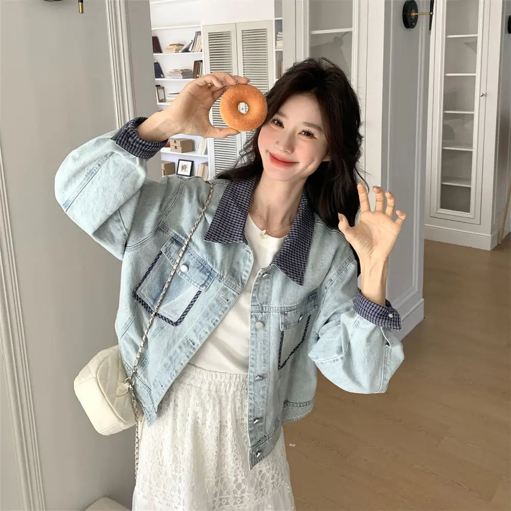 Women Retro Grid Splicing Denim Jacket