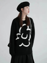 Women Vintage Black Floral Knitted Pullover Sweater