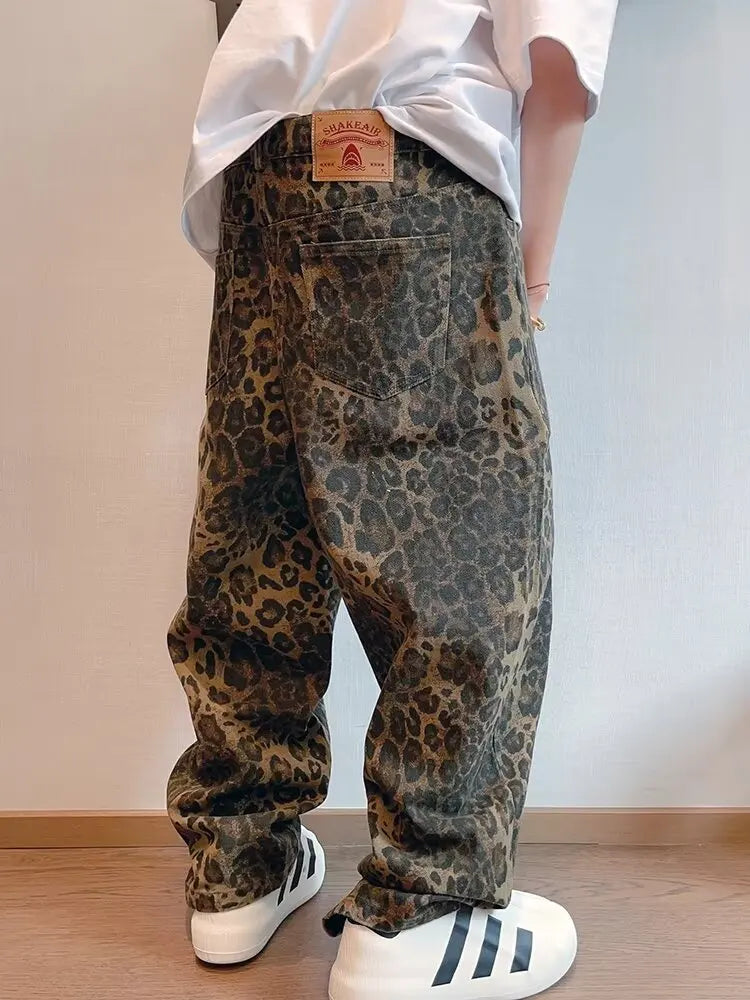 Leopard Print Wide-Leg Denim Pants