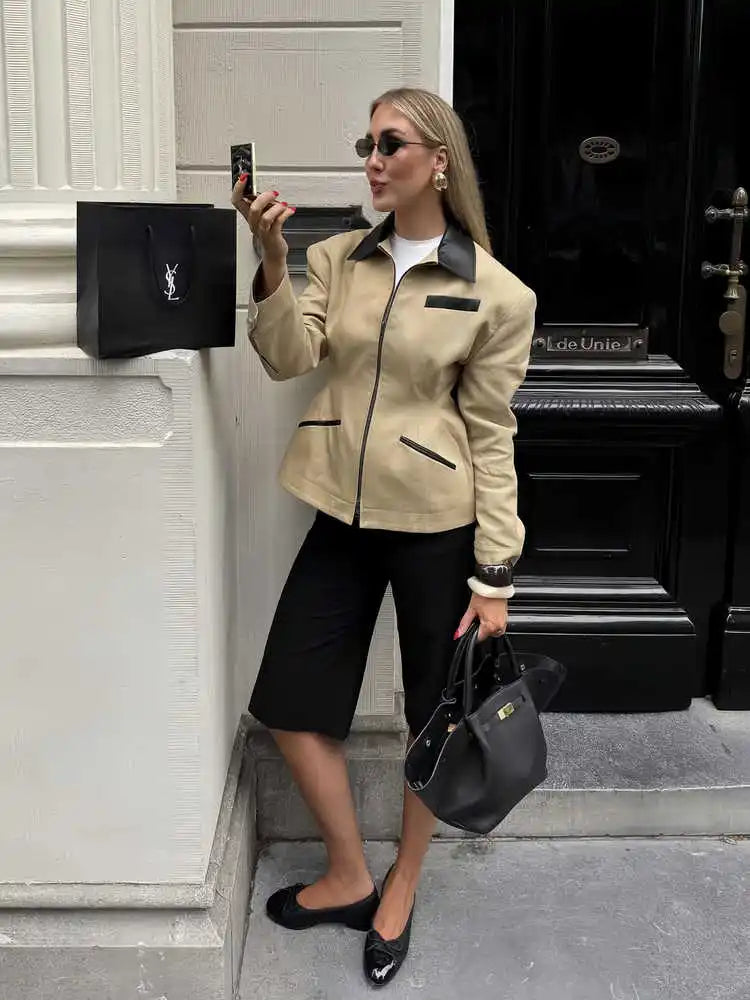 Minimalist Patchwork Short Sleeve Leather Jacket