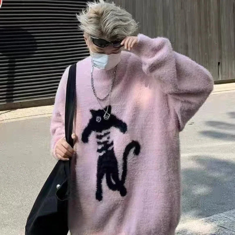 Gemütlicher Strickpullover mit japanischem Cartoon-Katzenmotiv