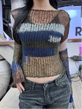 Women Streetwear Striped Hollow Out Sexy Knit Sweater