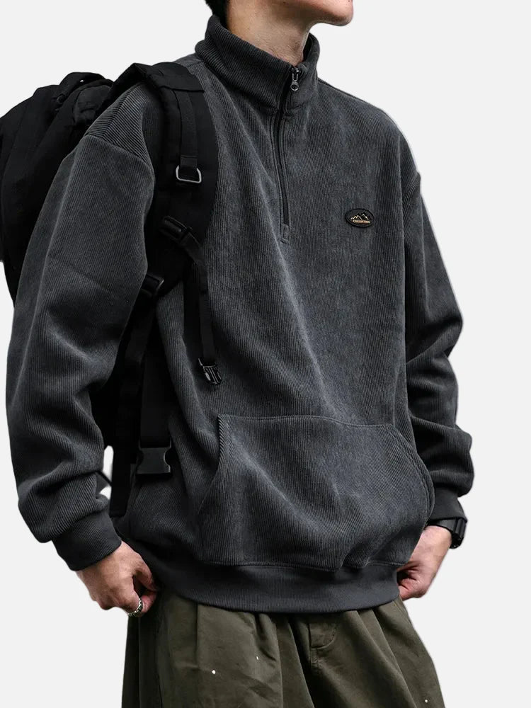 Japanese Streetwear Corduroy Half Zip Sweatshirt