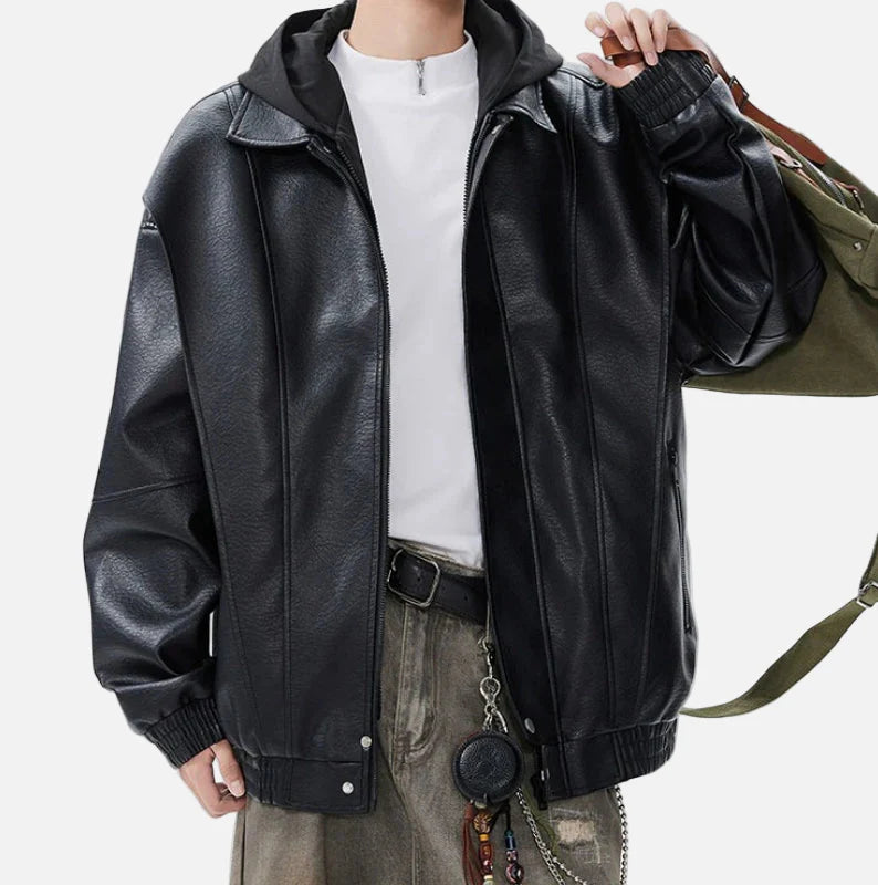 Retro-Bikerjacke aus Leder mit Kapuze im amerikanischen Stil