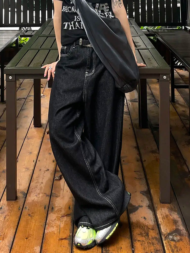 Retro Black Vintage Embroidery Oversized Baggy Jeans