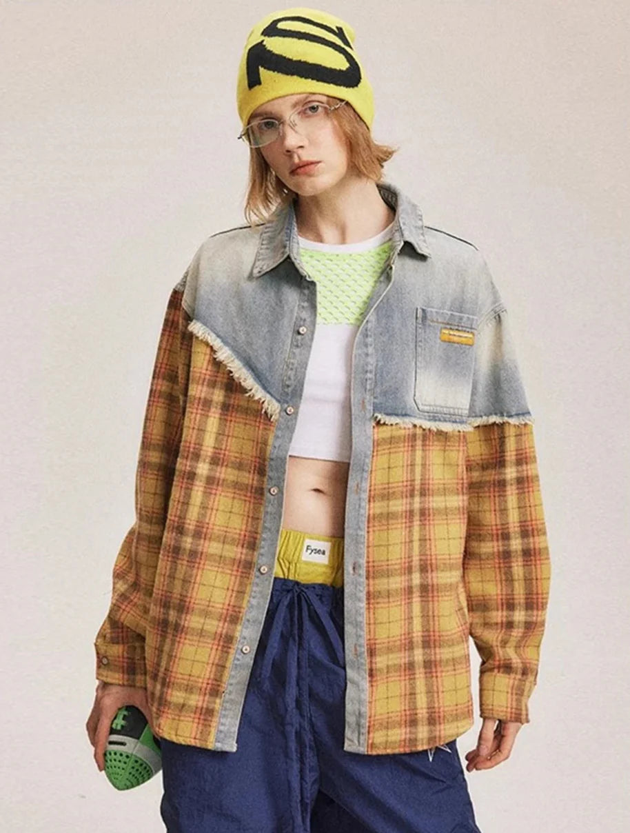 Autumn Plaid Distressed Denim Long Sleeve Shirt