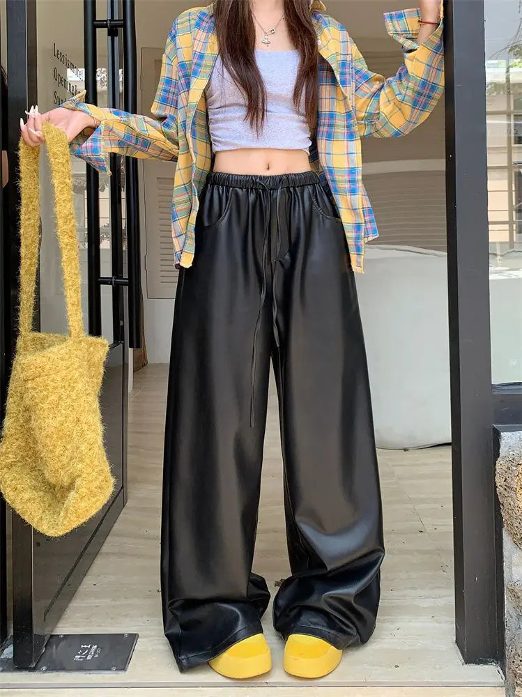 Y2K Urban Relax Preppy High Waist Leather Pants
