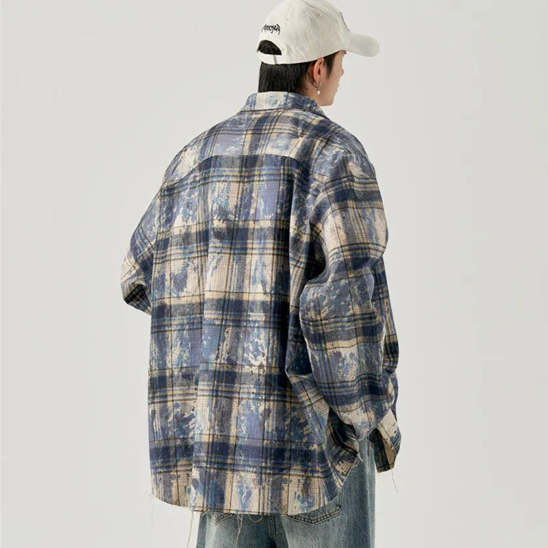 Chemise à carreaux tie-dye vintage automne pour homme