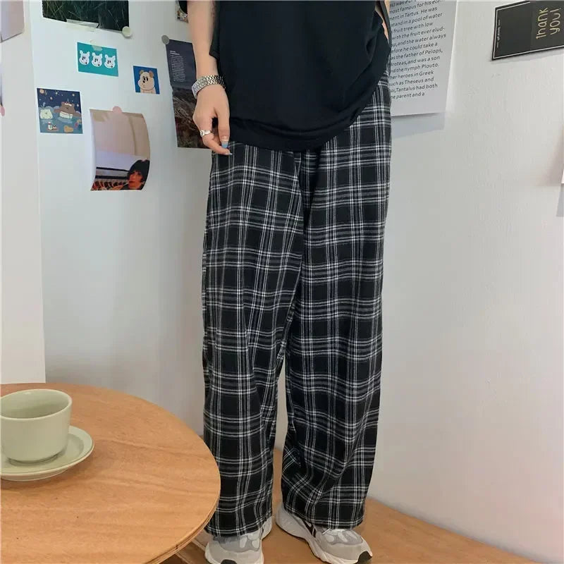 체크 패턴 와이드 팬츠