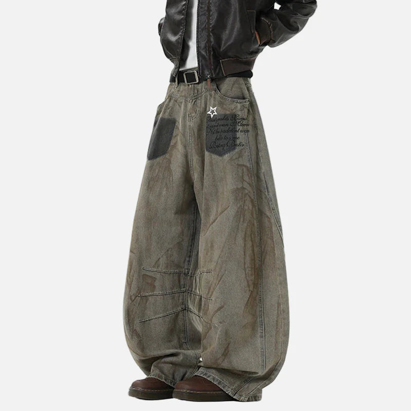 American Style Star Printing Dirty Dying Denim Jeans