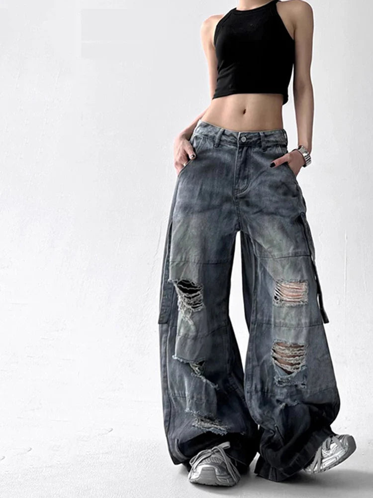Y2K Streetwear High Waist Wide Leg Ripped Jeans
