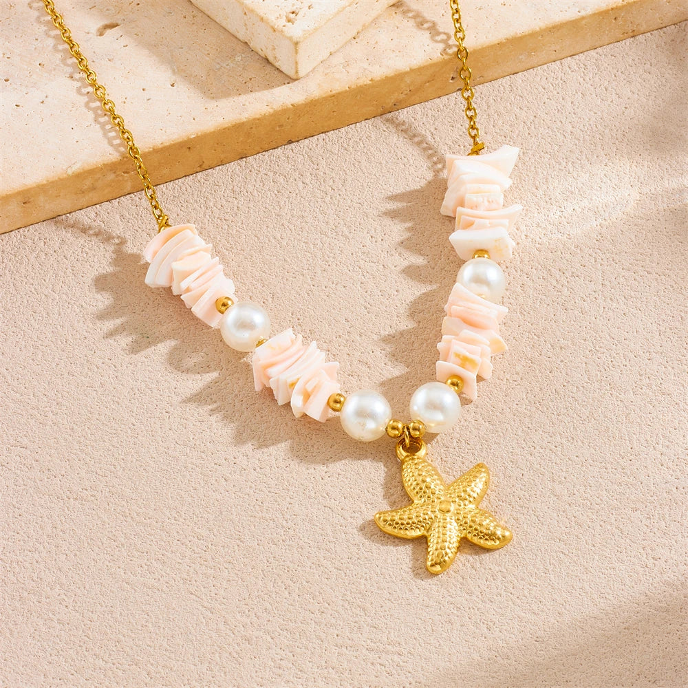 Golden Starfish Shell Pearl Pendant Necklace