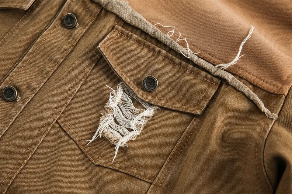 Close-up of a brown jacket with frayed edges and buttons.