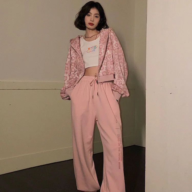 Y2K Pink Leopard Print Casual Sweatshirt