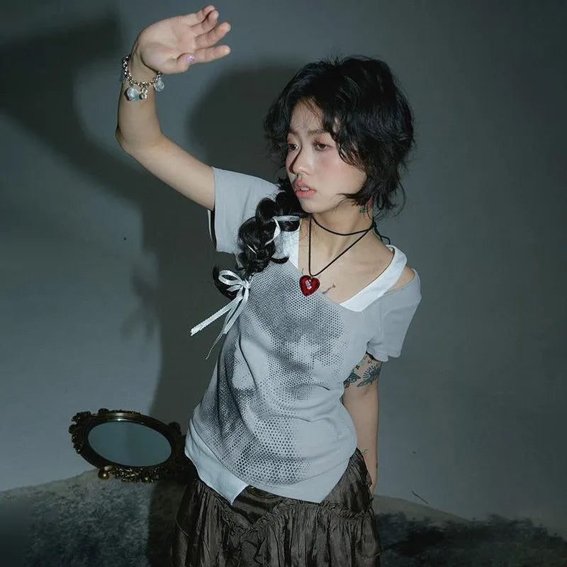 Grunge Y2K Patchwork Fake Two-Piece Women's T-Shirt