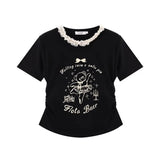 Süßes T-Shirt mit Cartoon-Bär-Print und Spitze