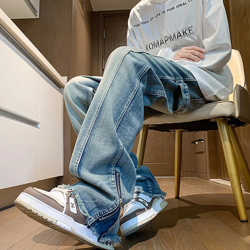 Jeans en denim zippés tendance streetwear pour hommes
