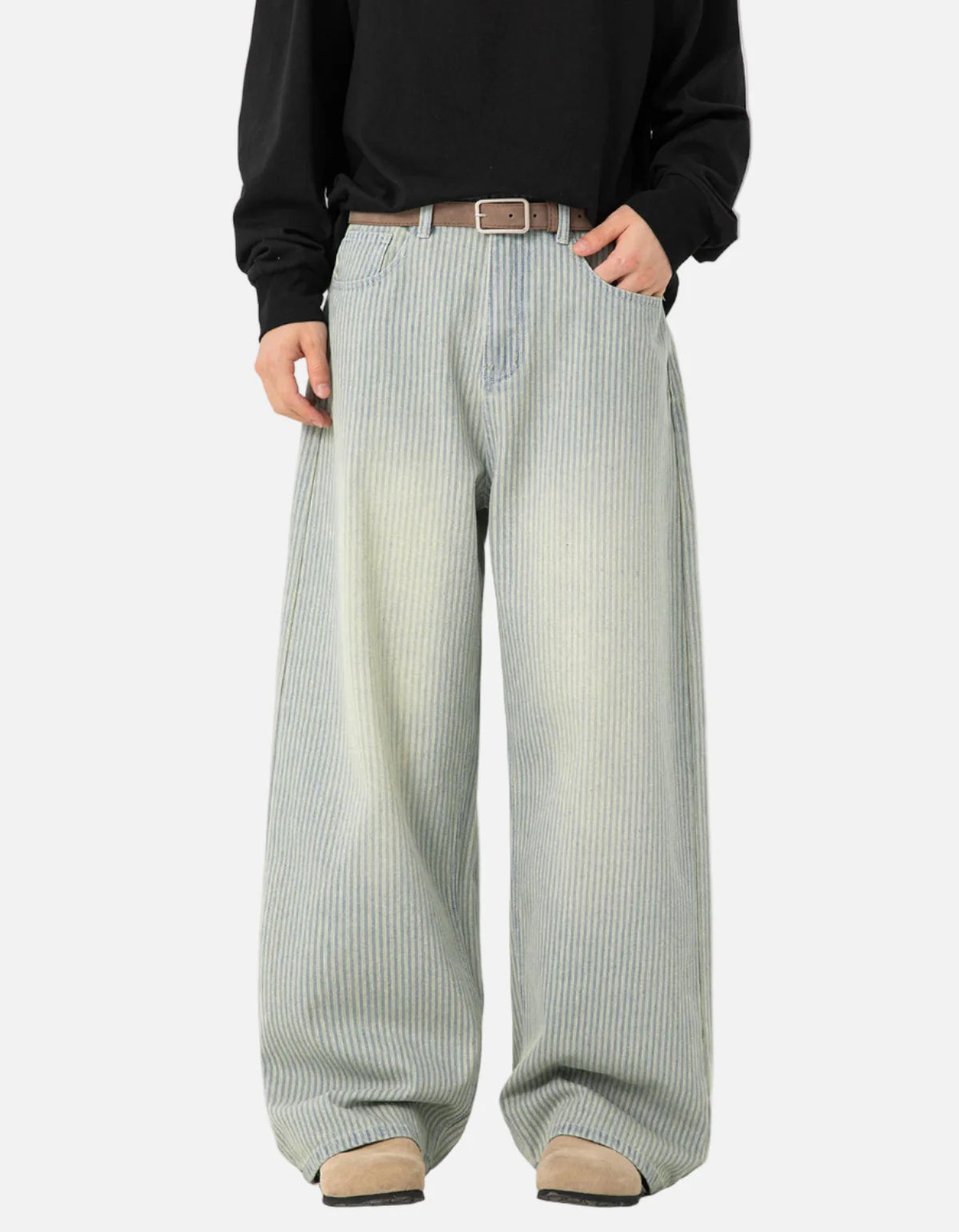 Streetwear Washed Relaxed Fit Striped Straight Leg Jeans