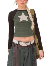 Women Vintage Star Patchwork Crew Neck T-Shirt
