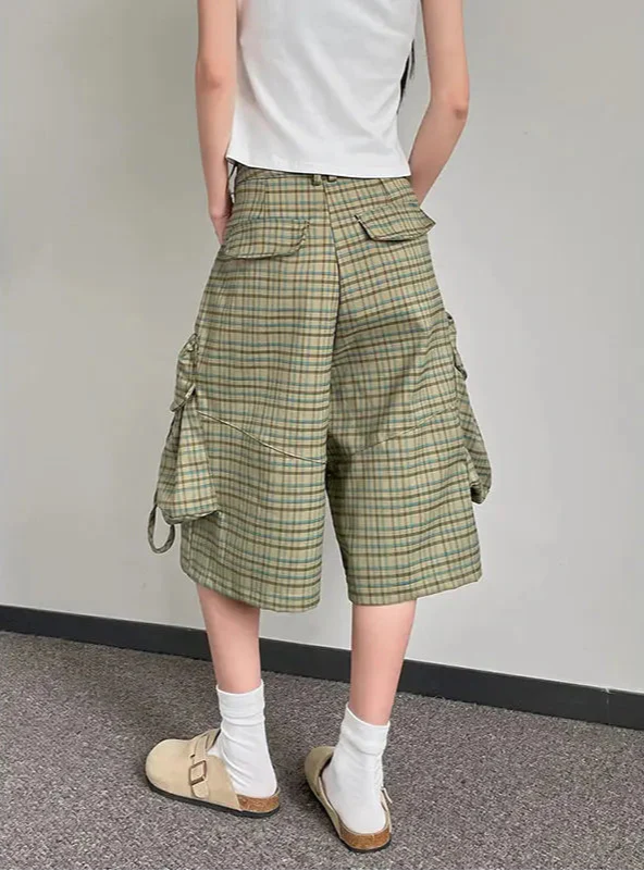 Bequeme Cargo-Shorts aus Denim mit hohem Bund und kariertem Y2K-Muster