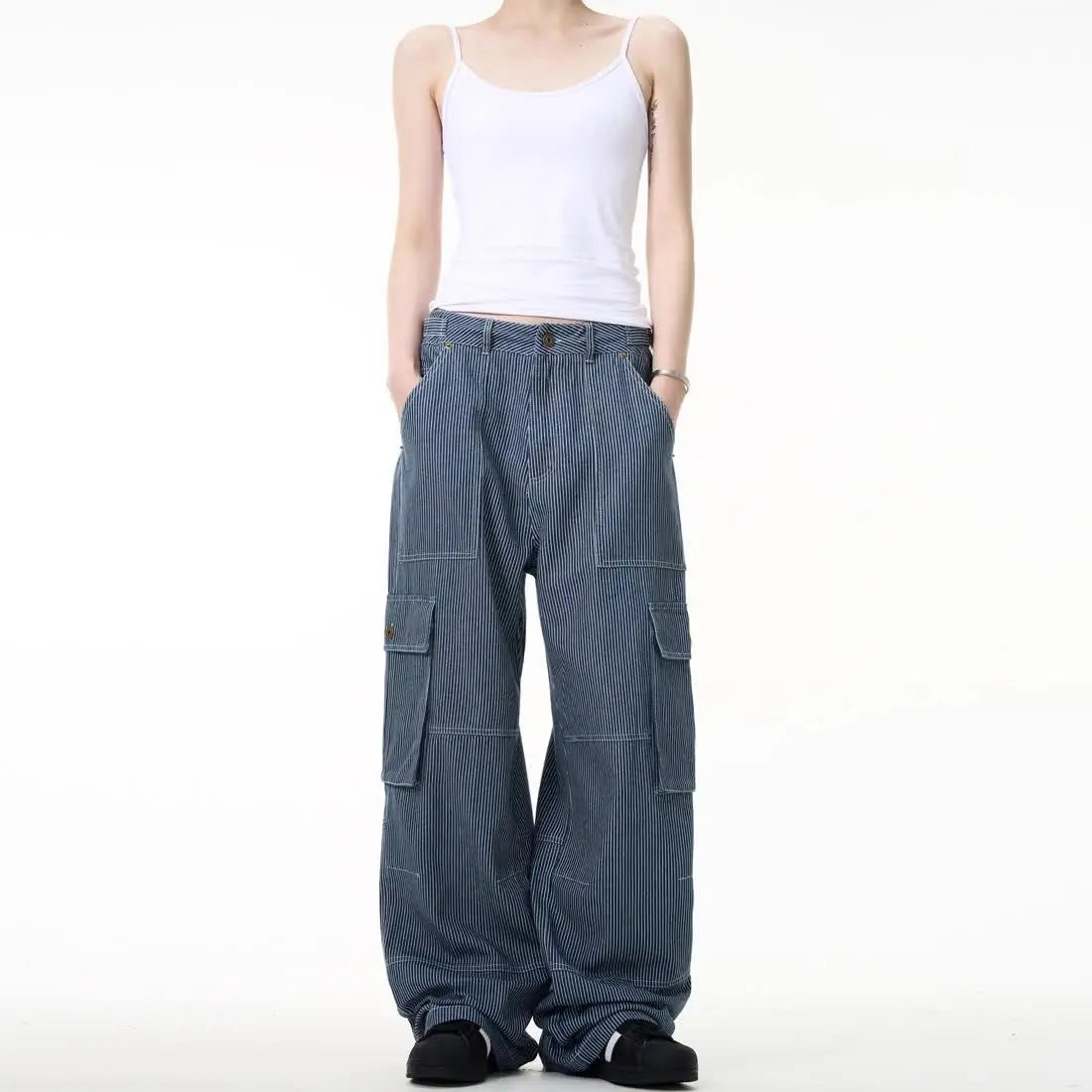 Vintage American Style Striped Cargo Jeans