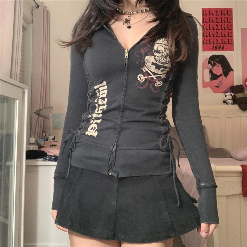 Xingqing グランジパンクゴシックジップアップスウェットシャツ