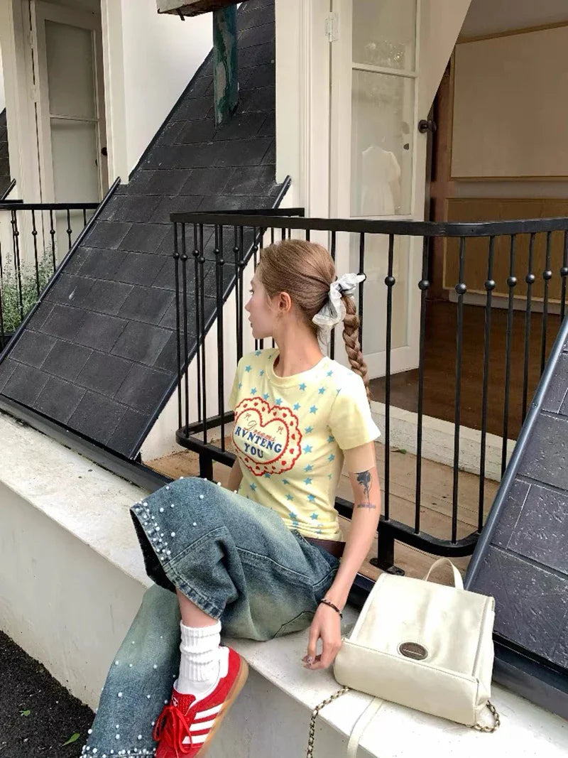 Y2K Streetwear Vintage Beaded High Waist Denim Jorts