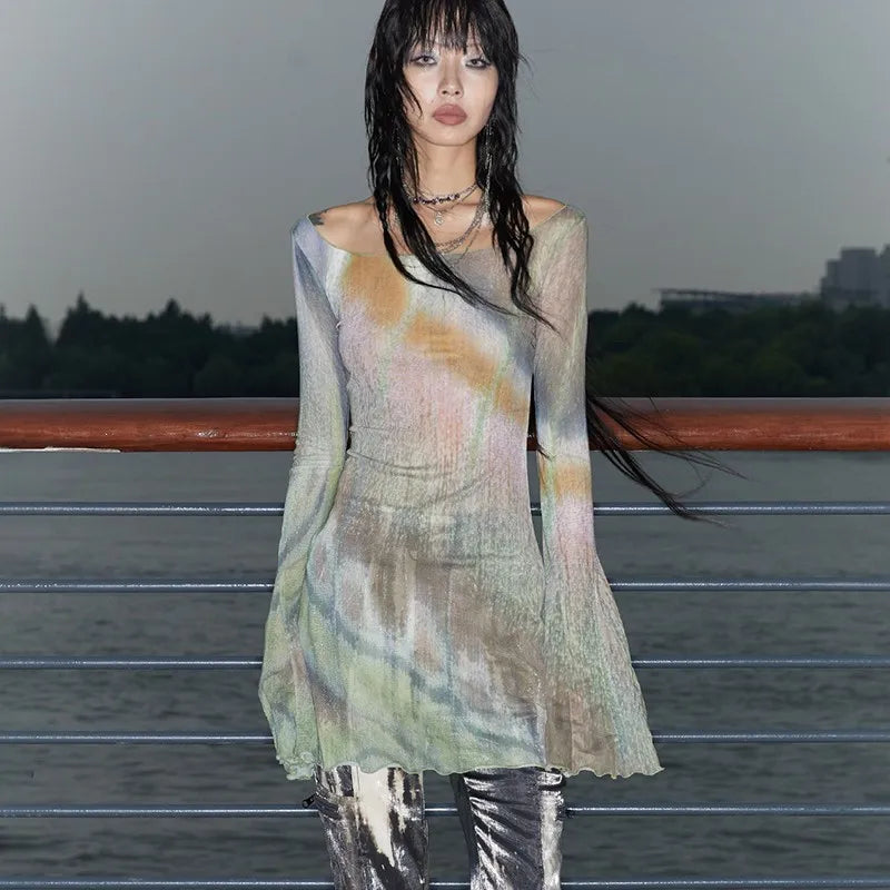 Grunge Y2K Tie-Dye Mesh Women's Top