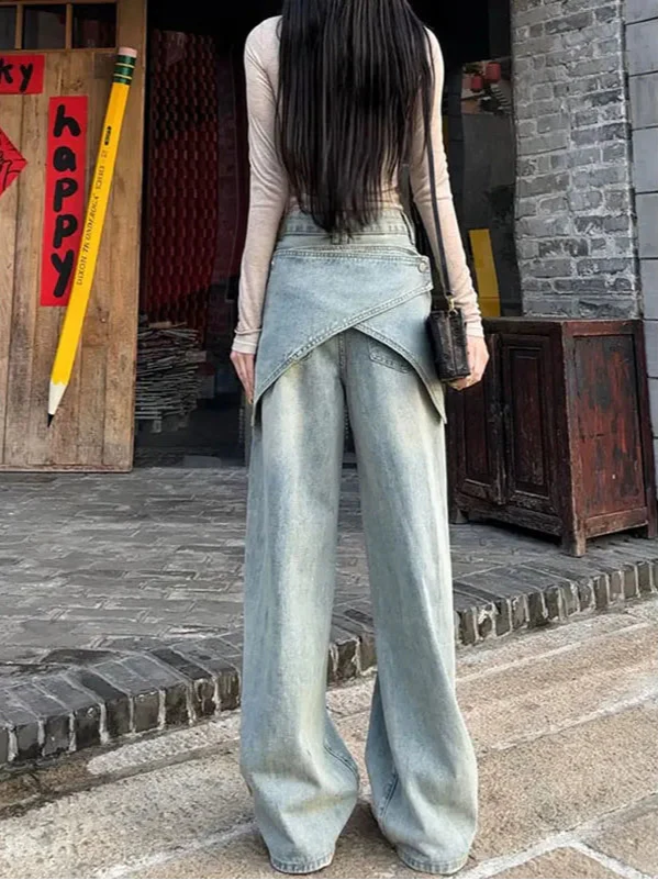Y2K 쿨 빈티지 패치워크 블루 배기 진