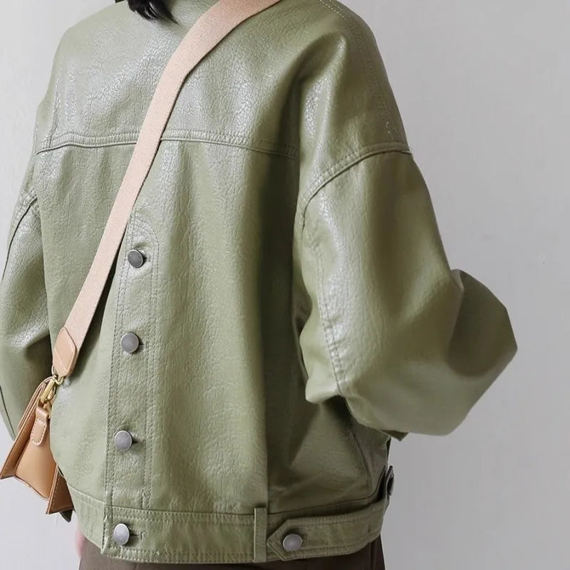 Veste de moto en cuir vert avocat pour femme