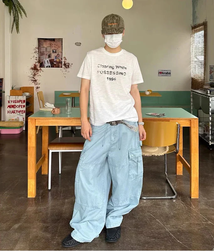 튼튼한 블루 빈티지 Y2K 와이드 레그 카고 진