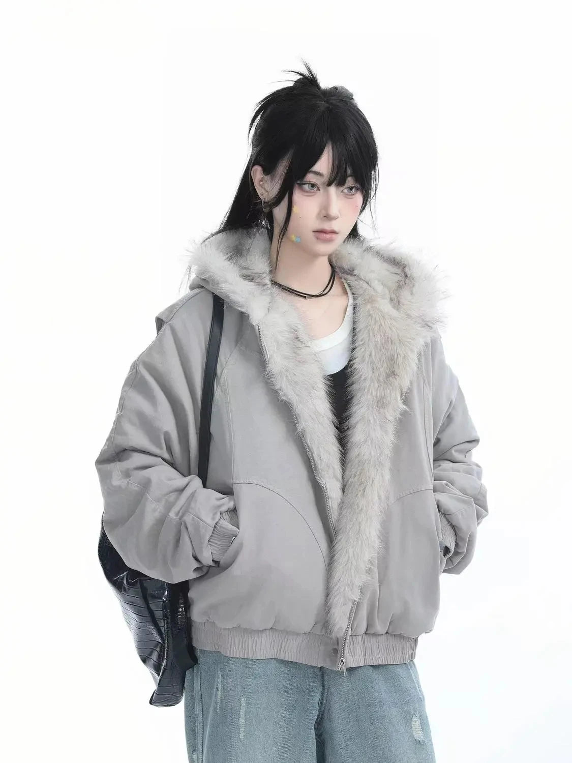 Y2K Retro Fur Collar Hooded Jacket