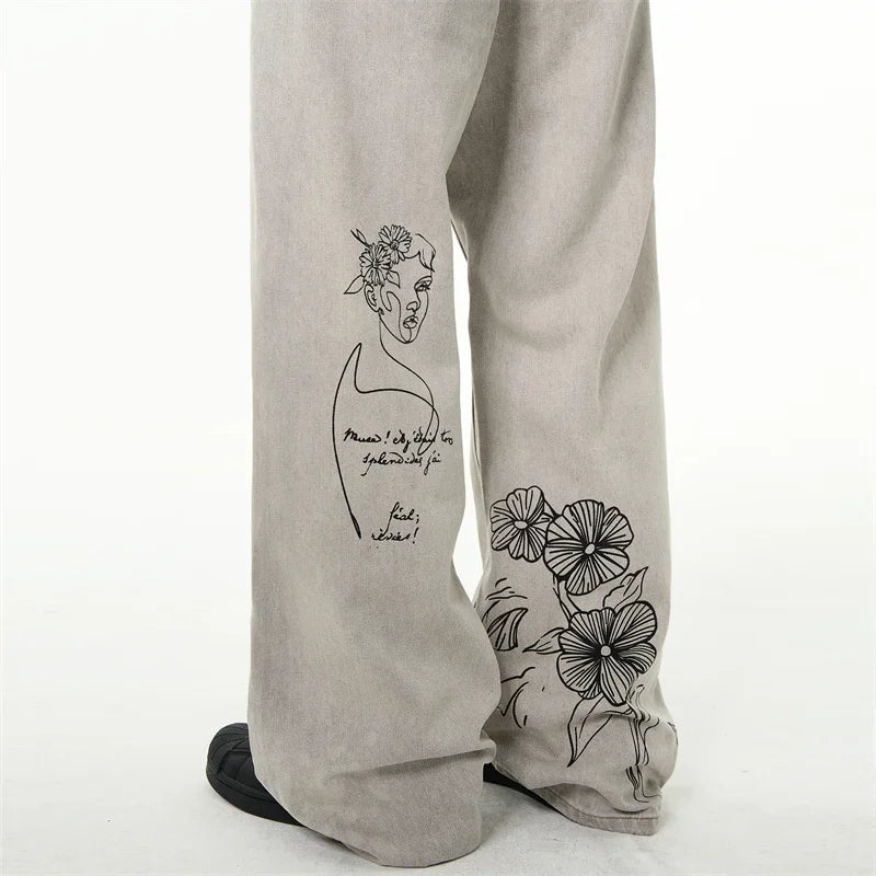 Distressed American Retro Graffiti Graphic Denim Jeans