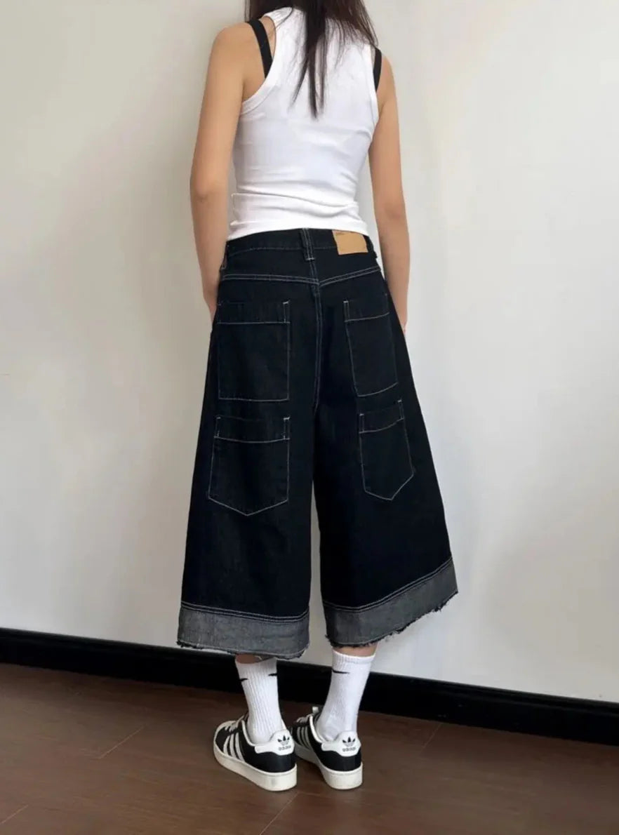 Women Retro Wide Leg Raw Edged Jorts