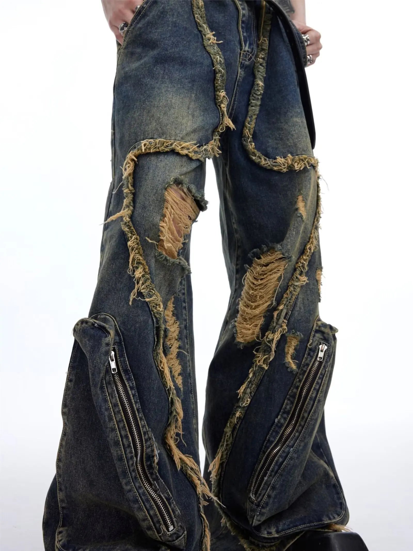 Y2K Streetwear Vintage Splicing Burr Edge Ripped Jeans