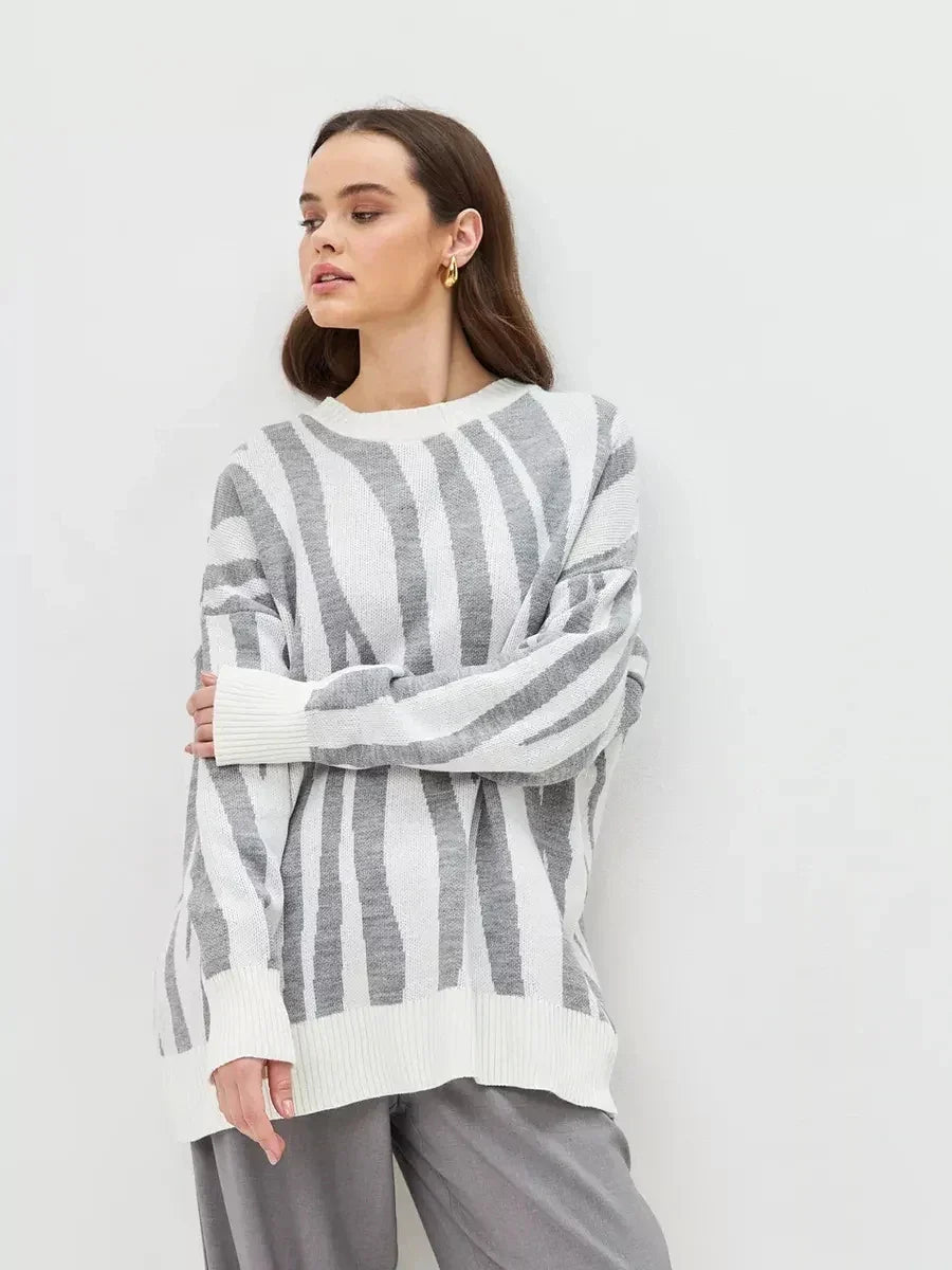 Women Striped Oversized Knitted Pullover Sweater