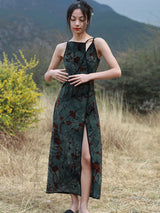 Grünes Vintage-Damenkleid mit Blumenmuster