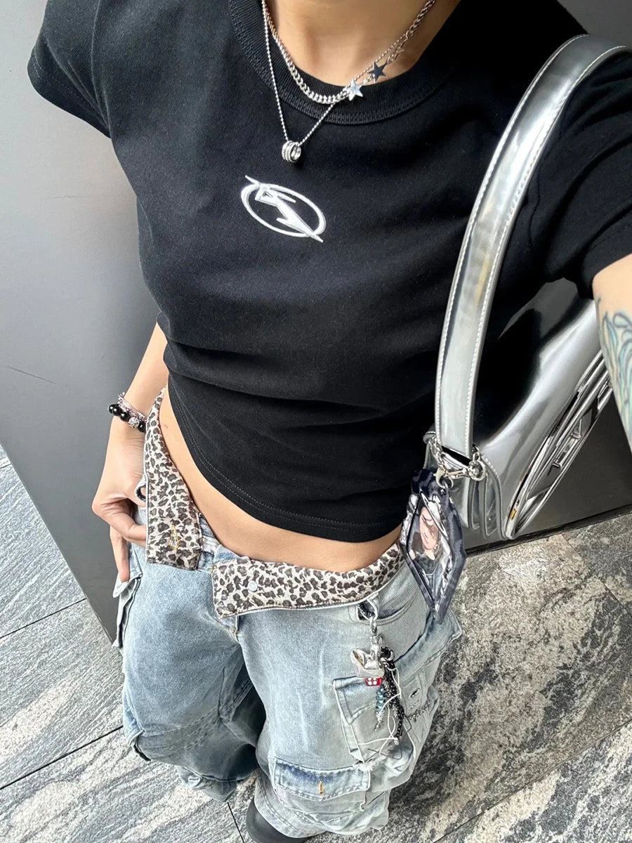 Leopard Print Low Rise Distressed Cargo Denim Jeans