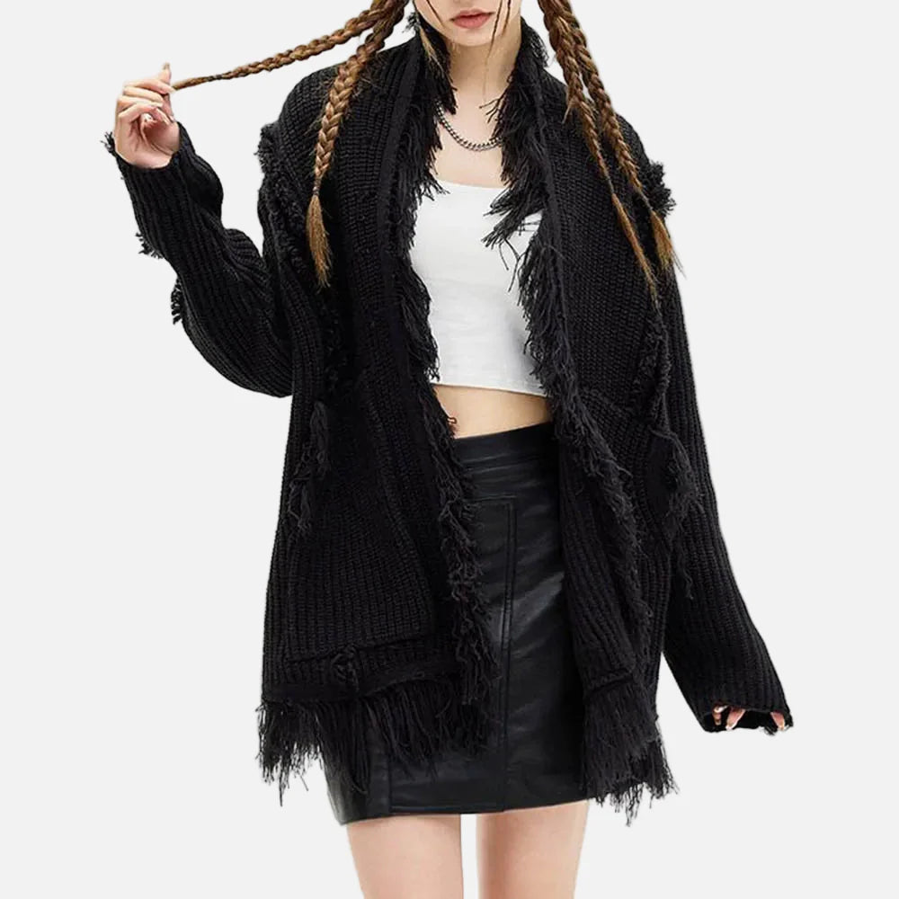 Cardigan rétro chic à manches longues déchirées et pompons