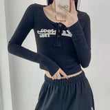 Vintage Letter Print Ribbed Crop T-Shirt