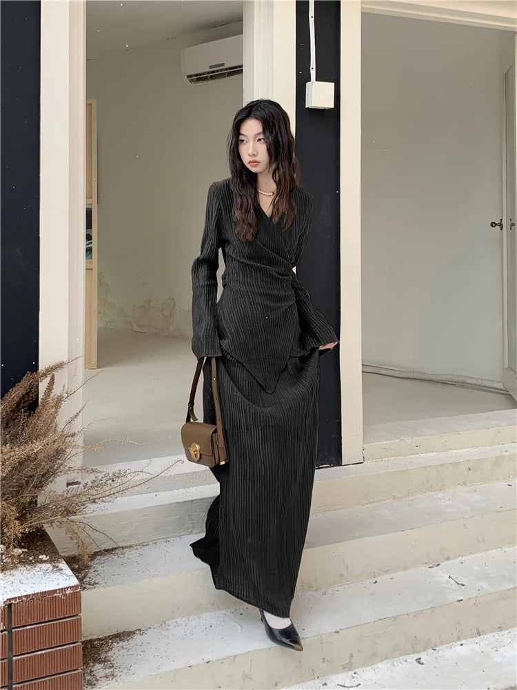 Ensemble élégant deux pièces plissé noir pour femme 