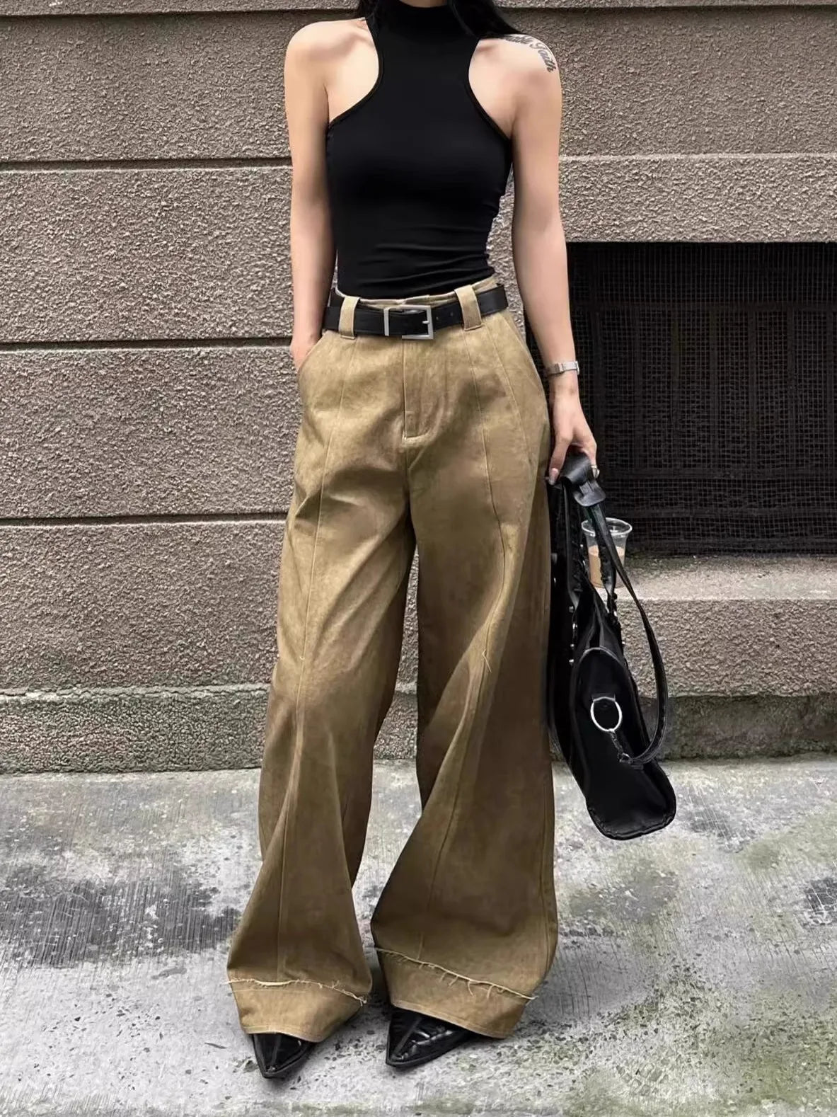 Effortless Cool Retro Khaki Wide Leg Jeans