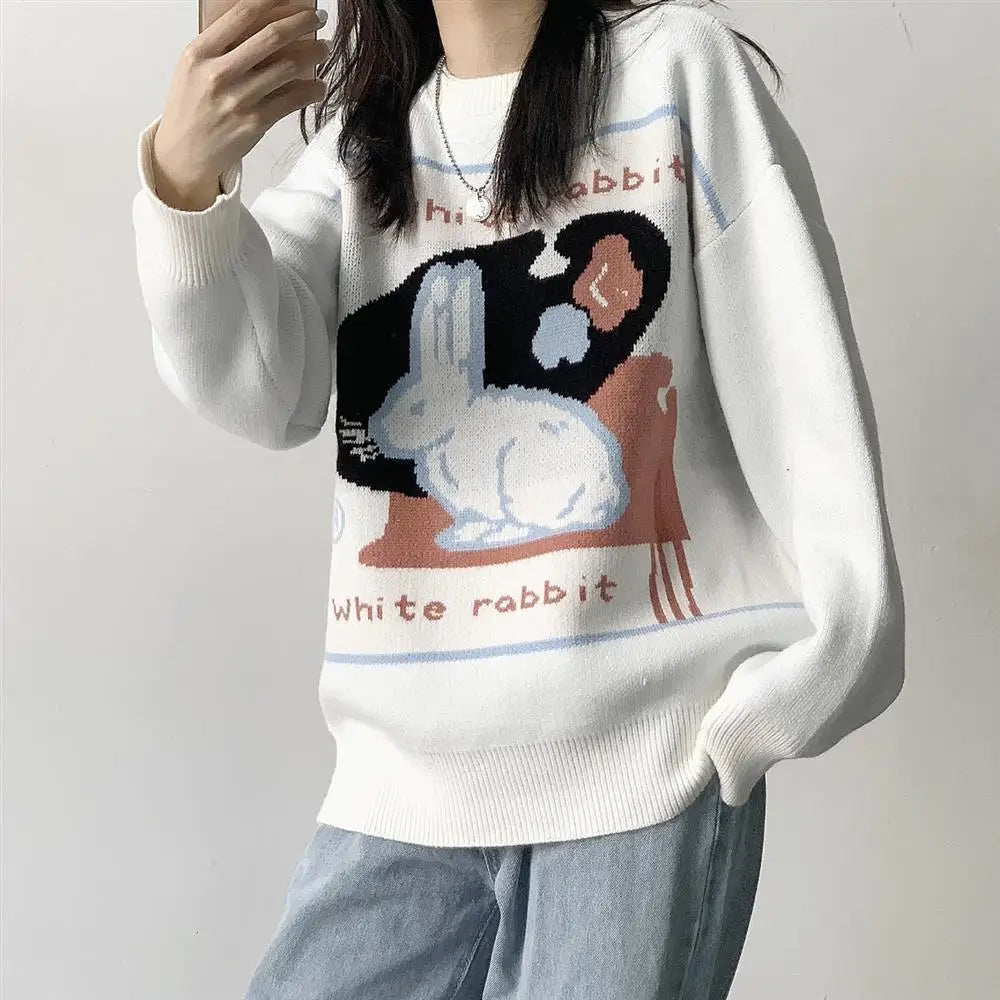 Sweet Retro Jacquard Knitted Rabbit Sweater