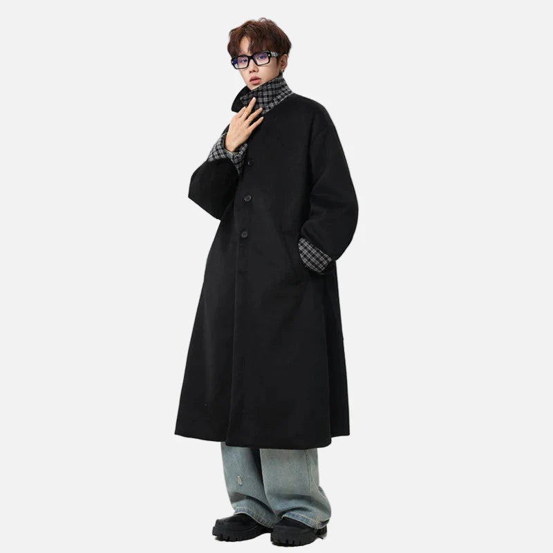 軽量チェック柄シングルブレストベルト付きウールコート