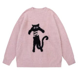 Gemütlicher Strickpullover mit japanischem Cartoon-Katzenmotiv