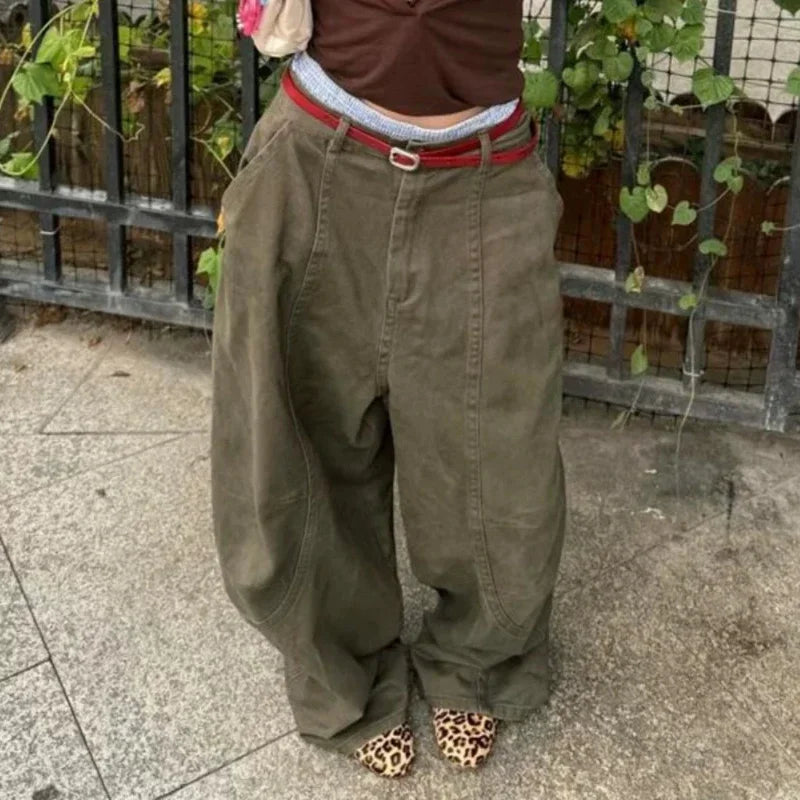 레트로 와이드 레그 빈티지 카고 진