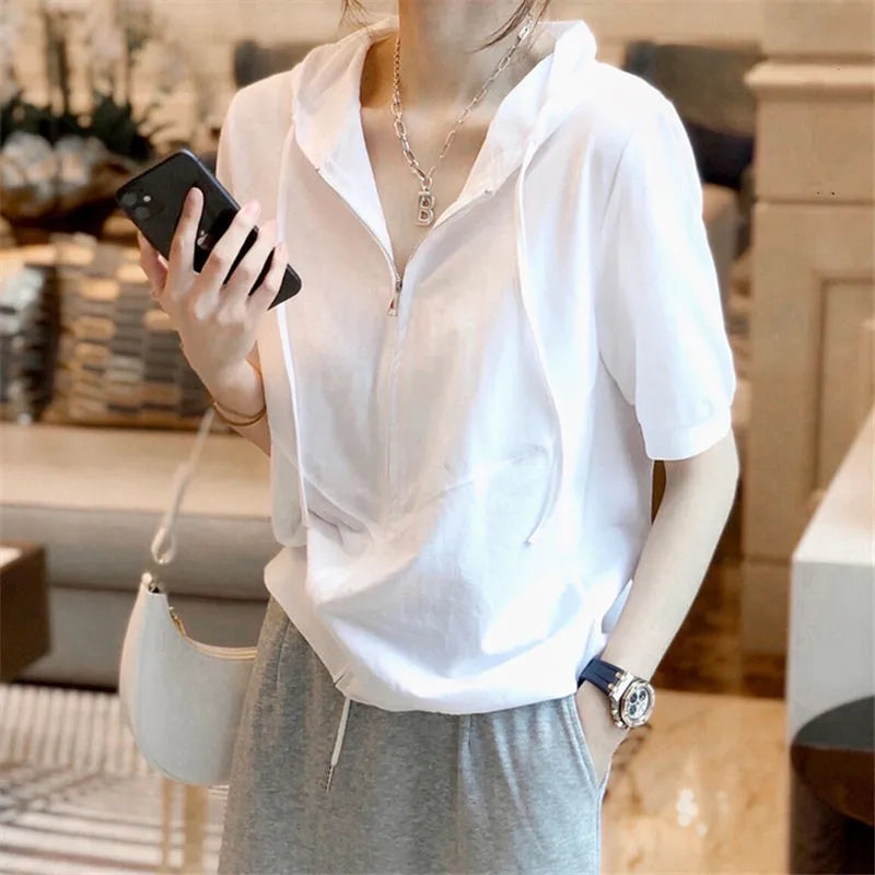 Stylish White Zipper Short Sleeve Summer T-Shirt