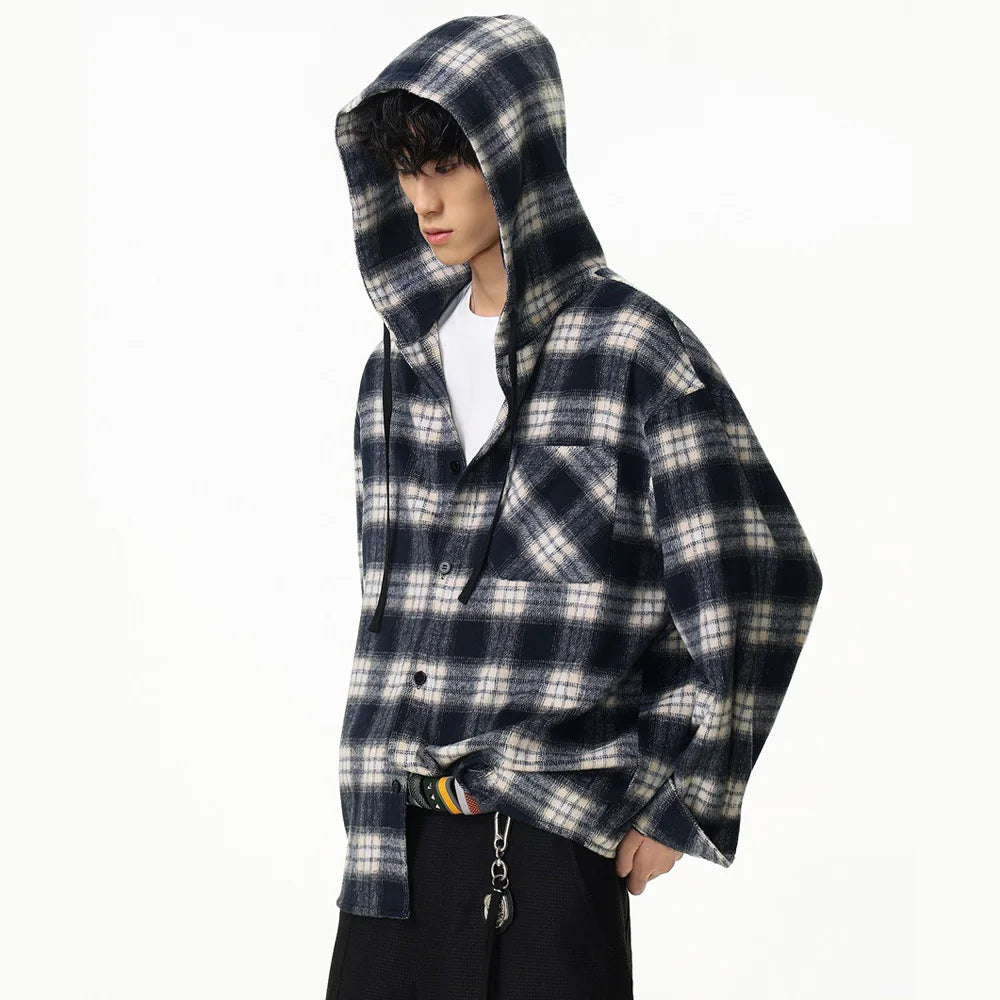 Chemise vintage épaisse à carreaux à capuche décontractée à motif écossais